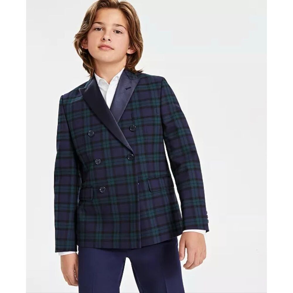 B by Brooks Brothers Youth Plaid Double-Breasted Bamherst Suit Jacket Navy/Green - Picture 3 of 6